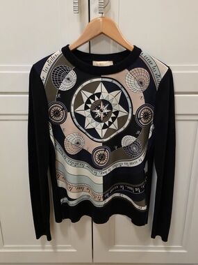 Tory Burch Sillk- Front Merino Wool Sweater with Compass Print in Beige & Olive